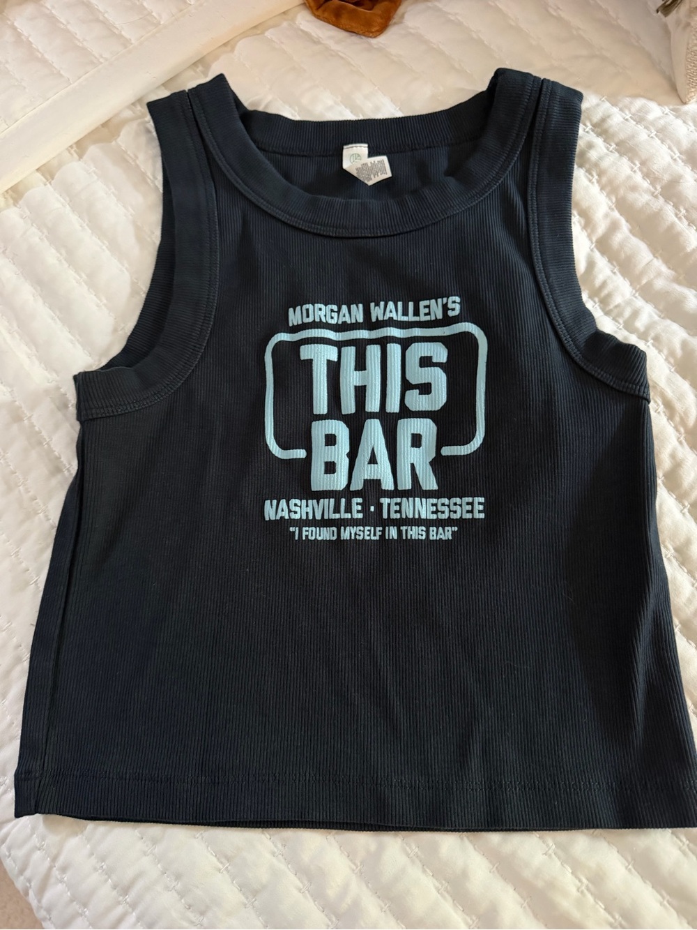 Morgan Wallen's This Bar Cropped Sleeveless Tank Small Blue on Blue